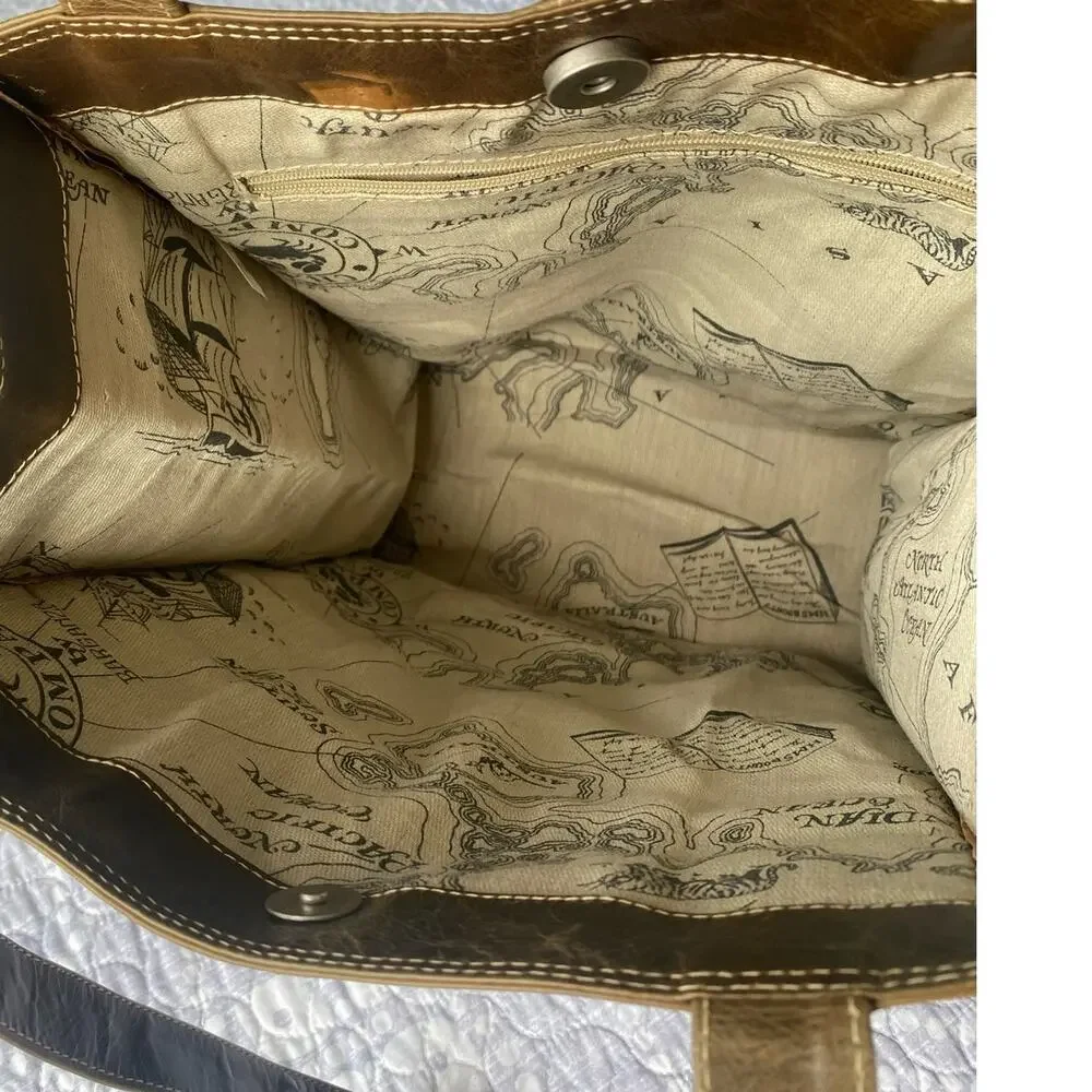 Crab Compass Vintage Barganza Lined Leather Tote Bag Pockets Brown 13
